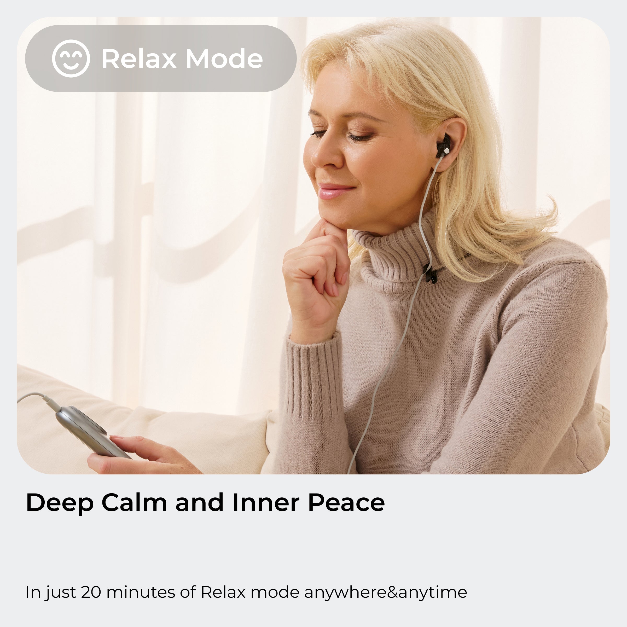 A woman using the ZenoWell wearable device in Stress Mode, enjoying a moment of deep calm and inner peace at home