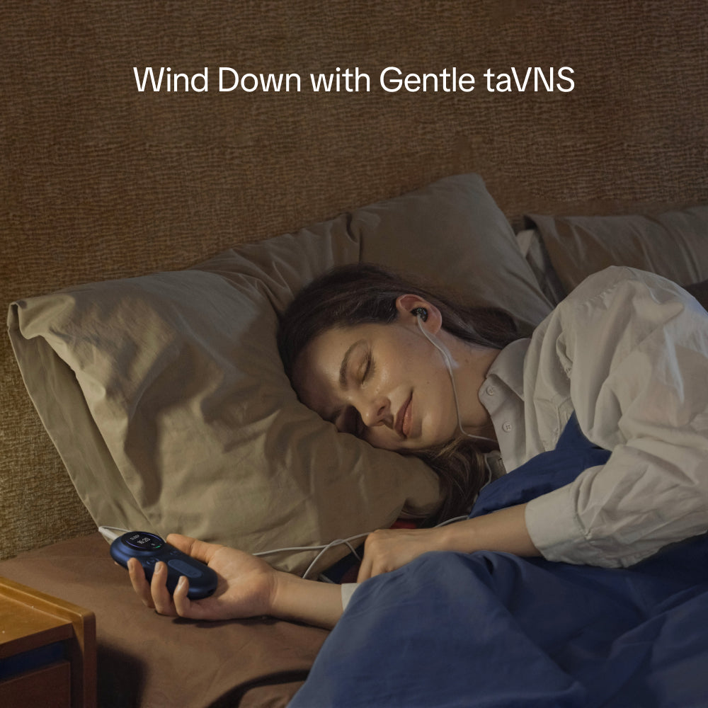 Gentle taVNS device used as part of a relaxing bedtime wind-down routine