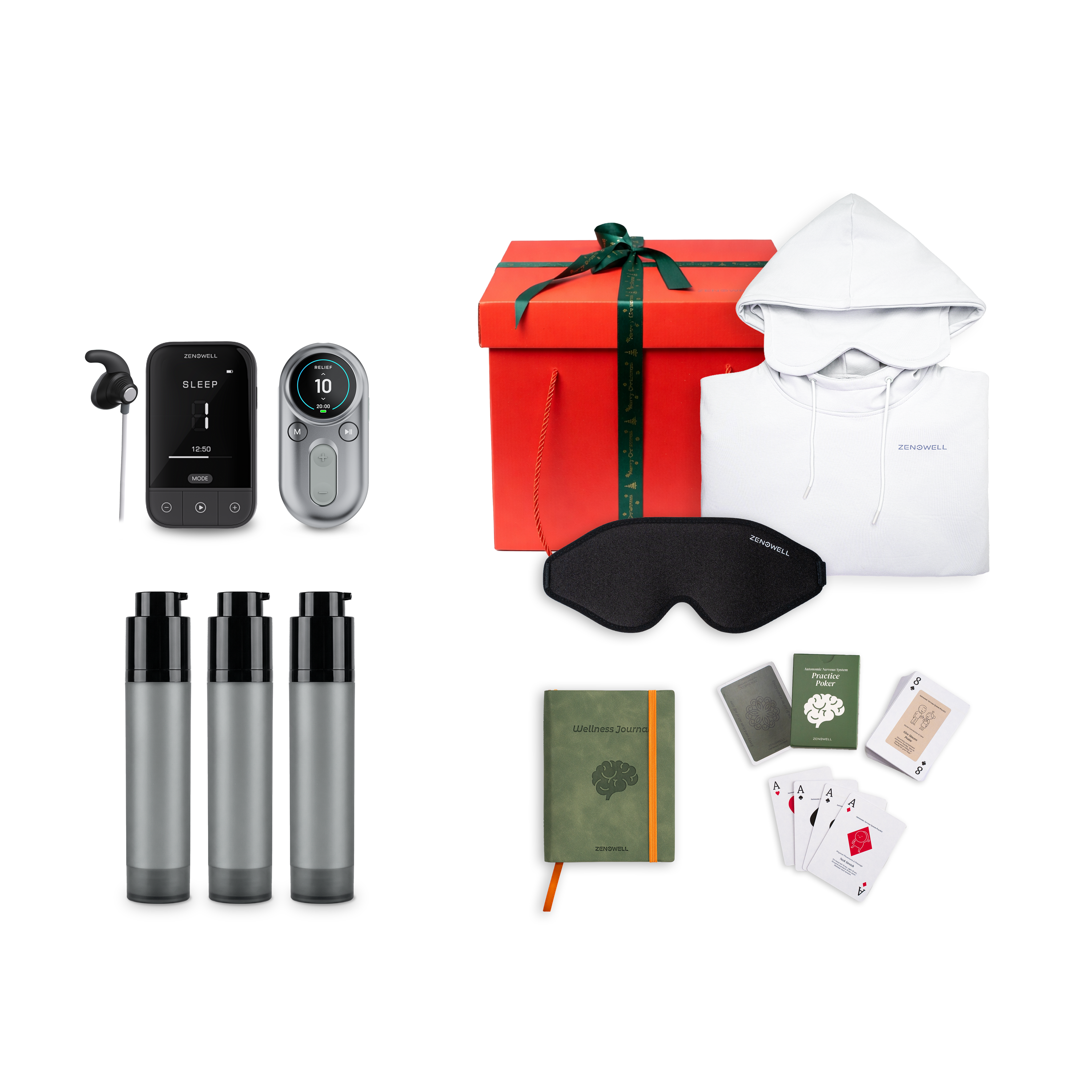 ZenoWell support pack including the gift set featuring the VITA and LUNA tavns device, three gel, a hoodie, Eye Mask, Wellness Journal, Relaxation Cards, and a gift box, all designed to support relaxation, stress relief, and well-being through transcutaneous auricular vagus nerve stimulation (taVNS)